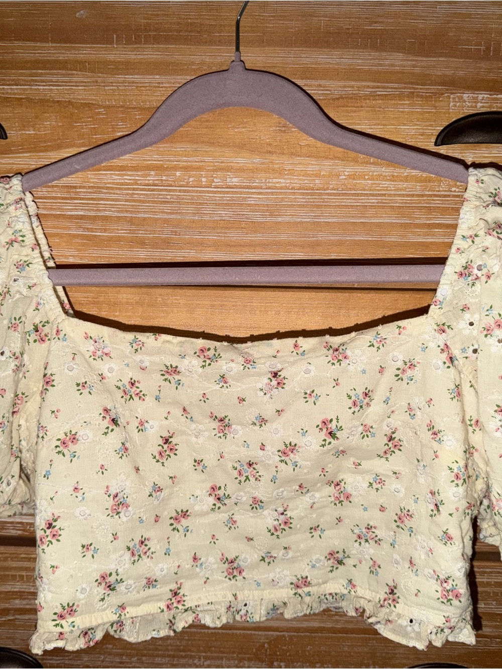 Altar'd State Cream Floral Square-Neck Crop Top with Pink Blossoms